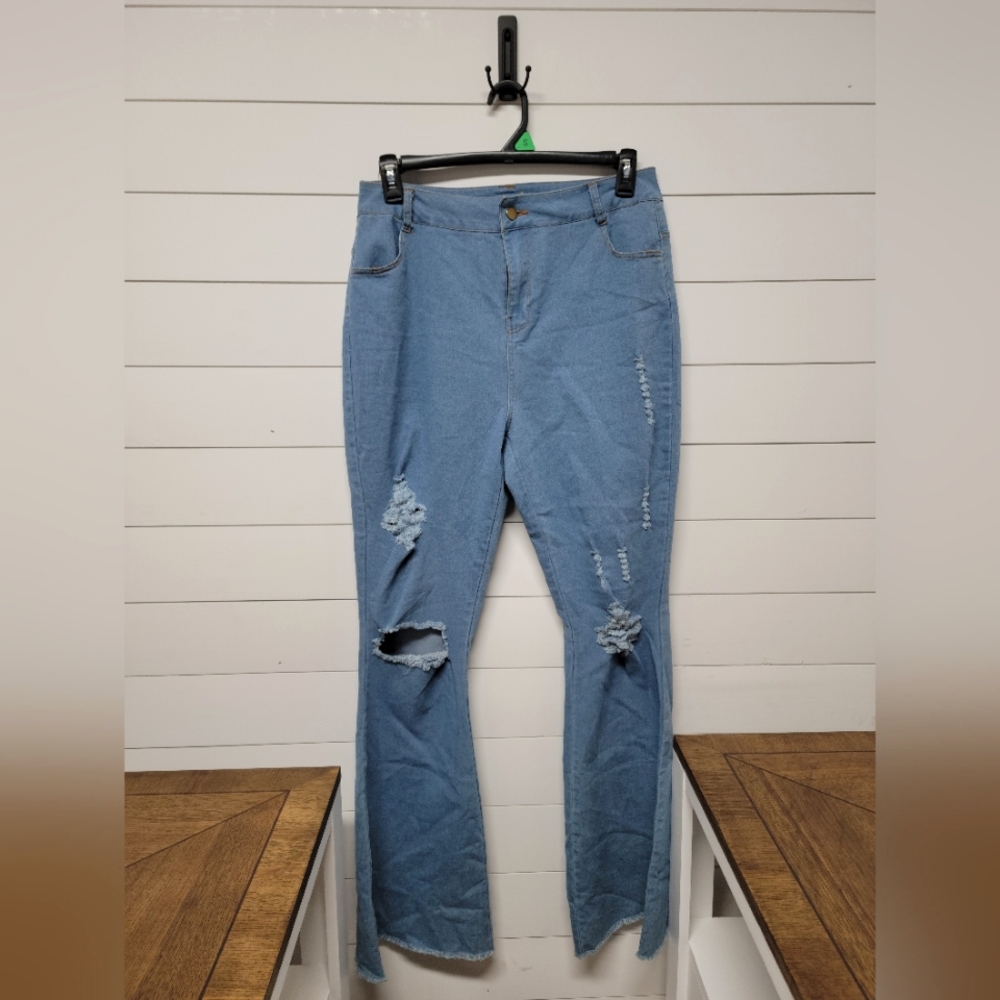 Flared Leg High Rise Distressed Stretchy Jeans